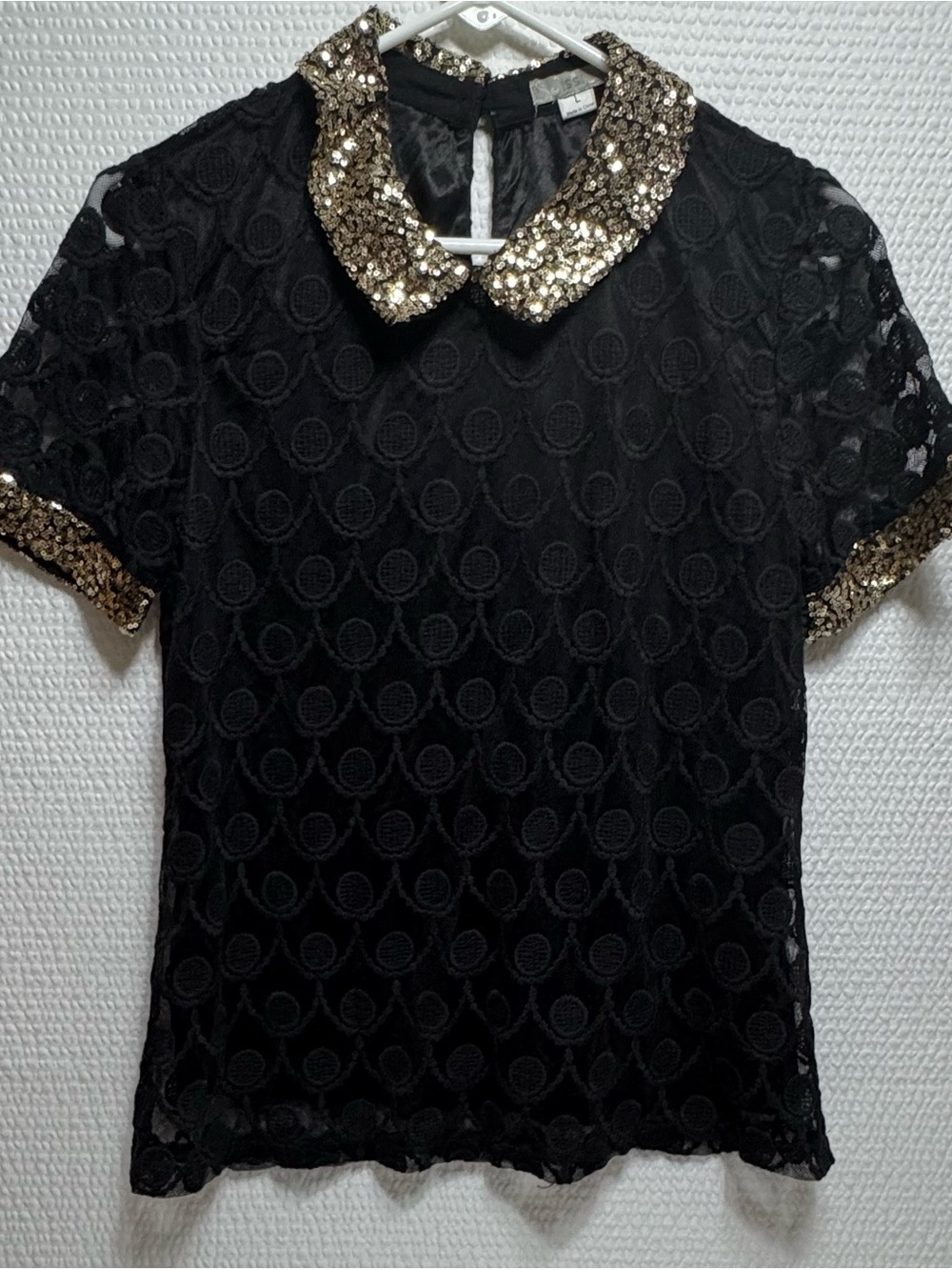 ISSI Black Lace Top with Gold Sequin Collar & Cuffs